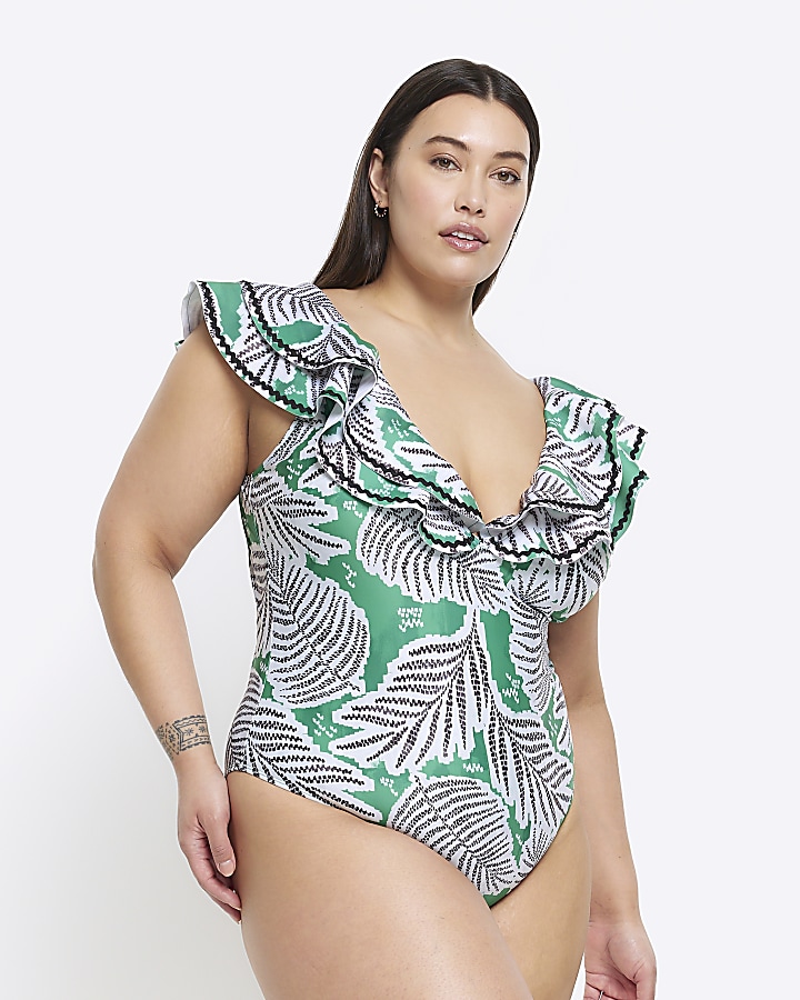 Plus Green frill plunge swimsuit