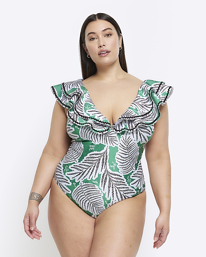 Plus Green frill plunge swimsuit