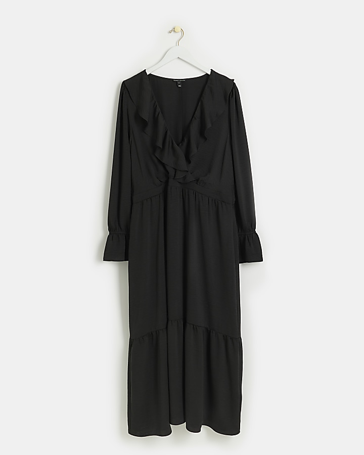 Plus black frill swing maxi dress