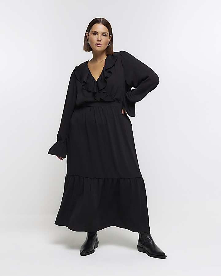 Plus black frill swing maxi dress