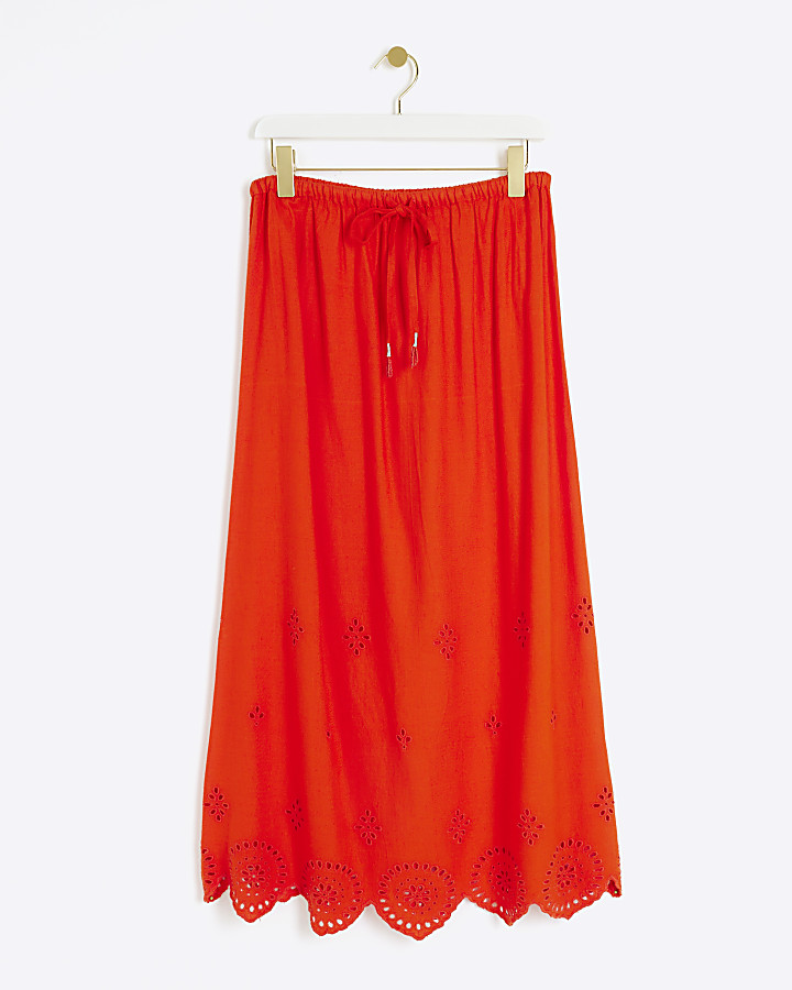 Red Linen Blend Broderie Maxi Skirt