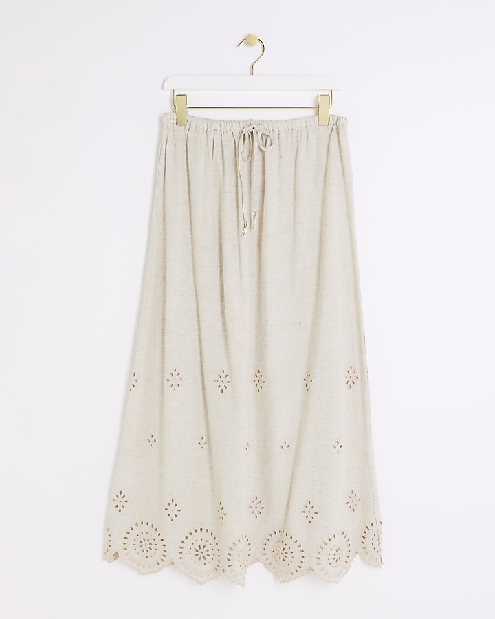 Stone linen blend broderie maxi skirt