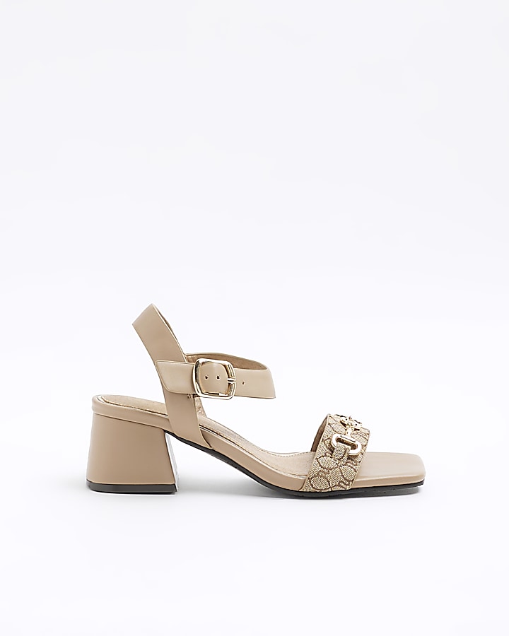 Beige chain block heeled sandals