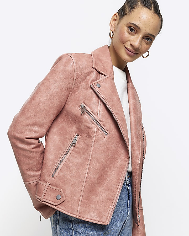 Pink faux leather distressed biker jacket