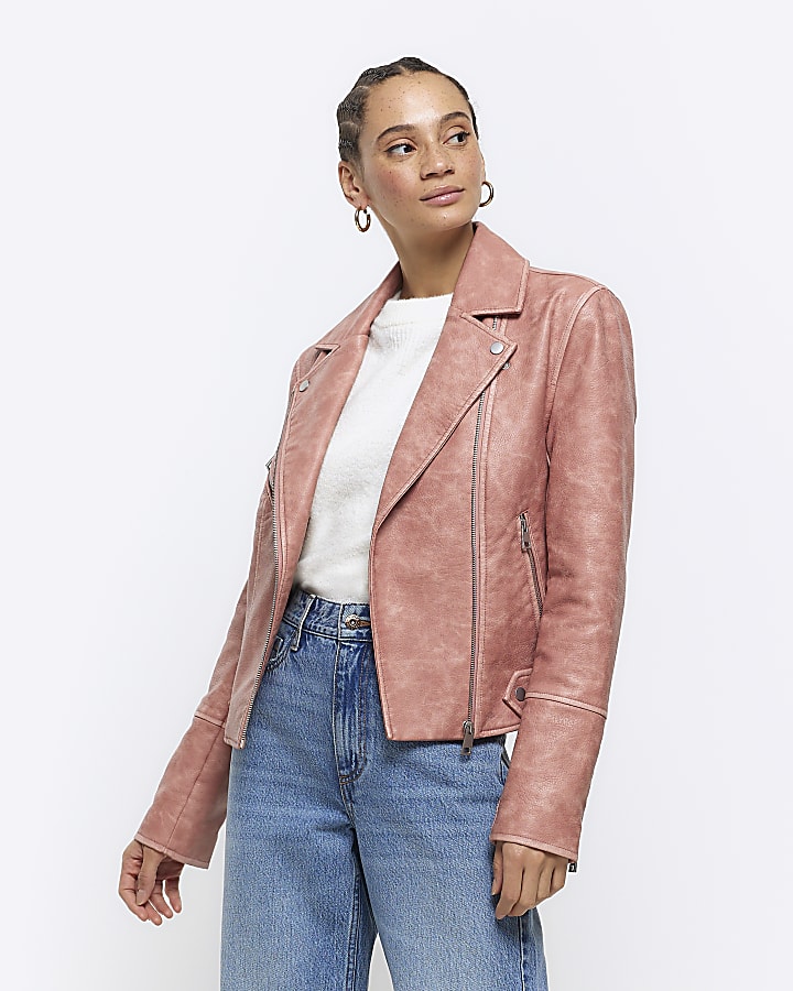 Pink faux leather distressed biker jacket | River Island