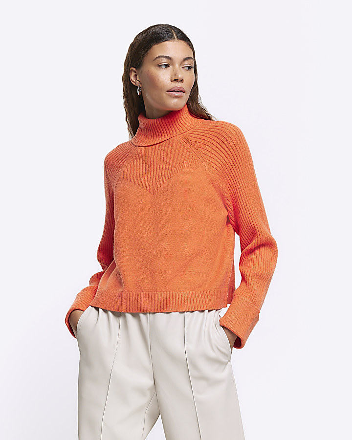 Orange rib roll neck jumper | River Island