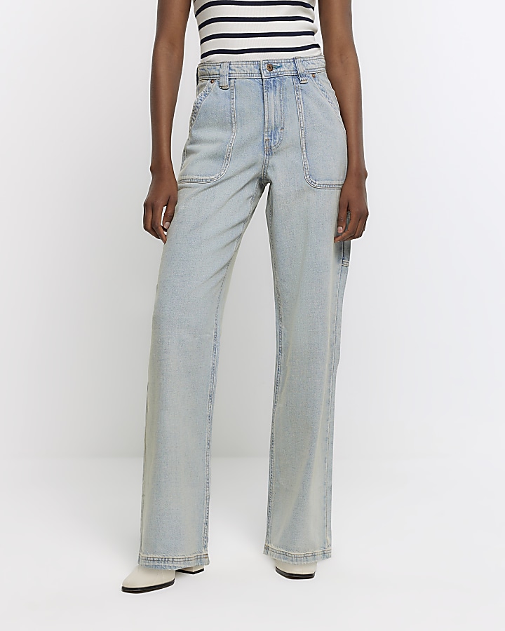 Blue high waisted wide fit cargo jeans