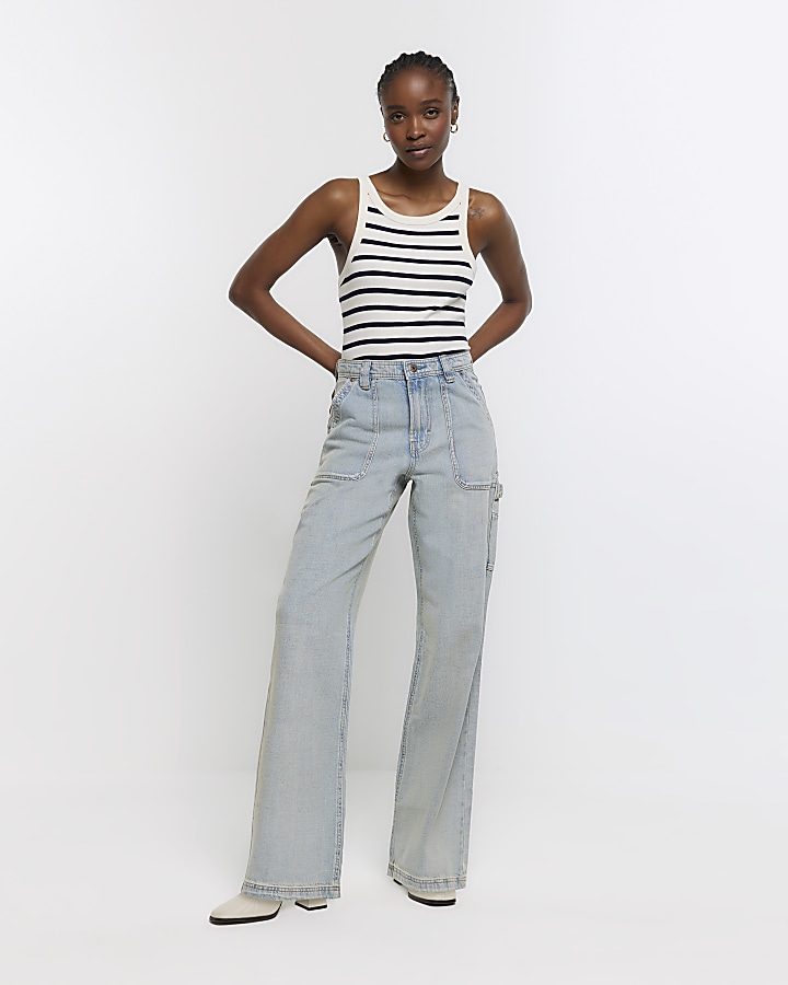 Blue high waisted wide fit cargo jeans | River Island