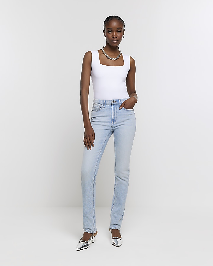 Blue high waisted slim straight jeans