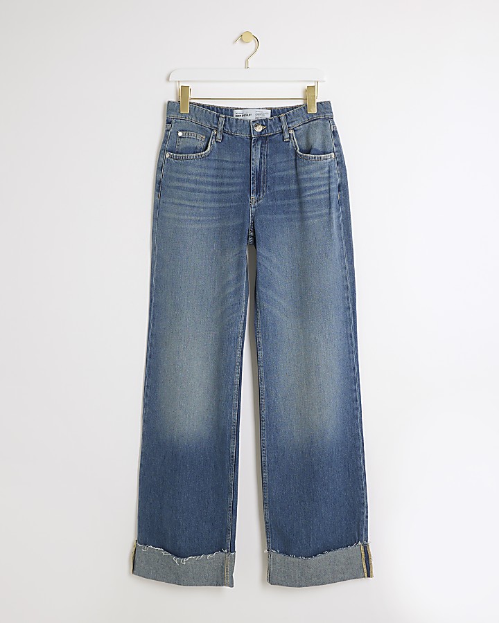 Blue mid rise loose baggy jeans