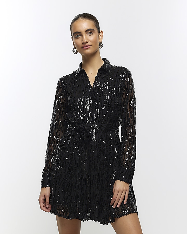 Black sequin belted mini shirt dress