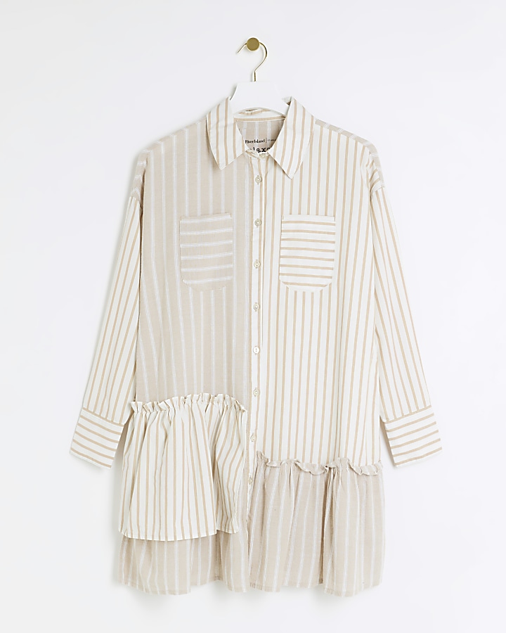 Beige linen blend stripe mini shirt dress