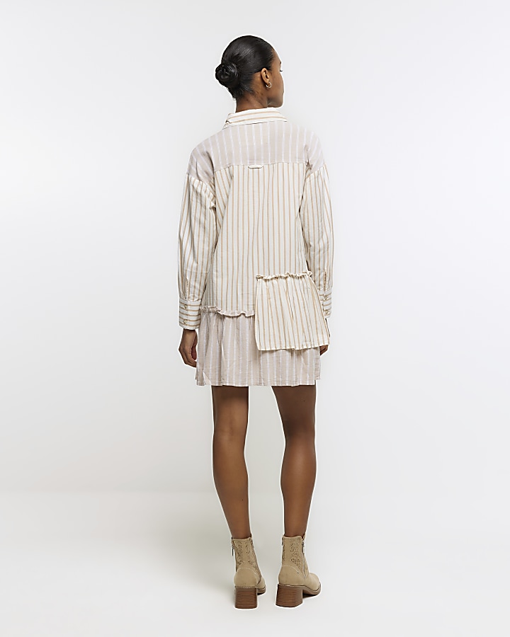 Beige linen blend stripe mini shirt dress