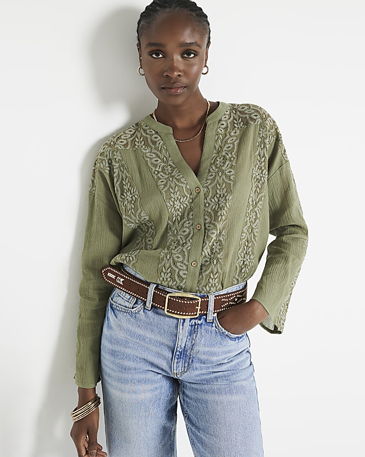 Khaki lace button up blouse