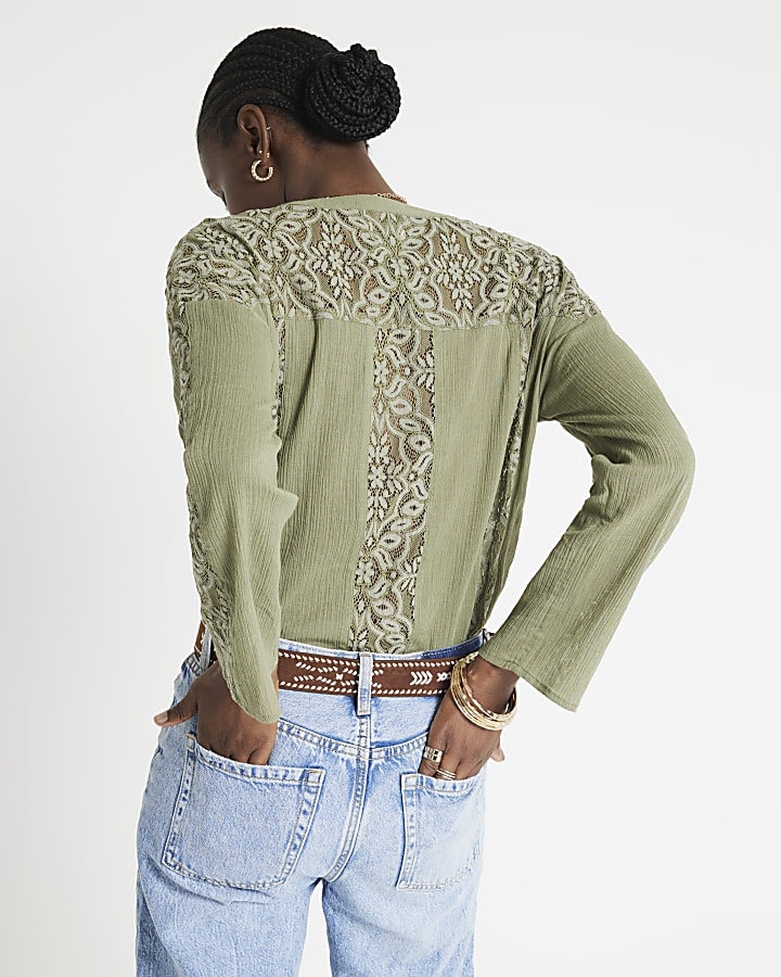 Khaki lace button up blouse