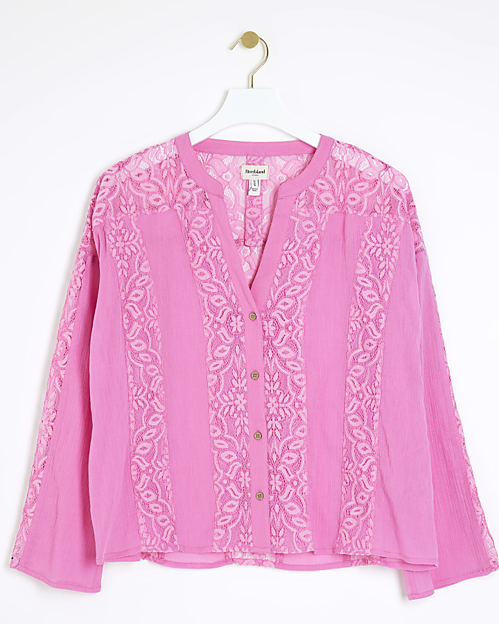 Pink lace button up blouse