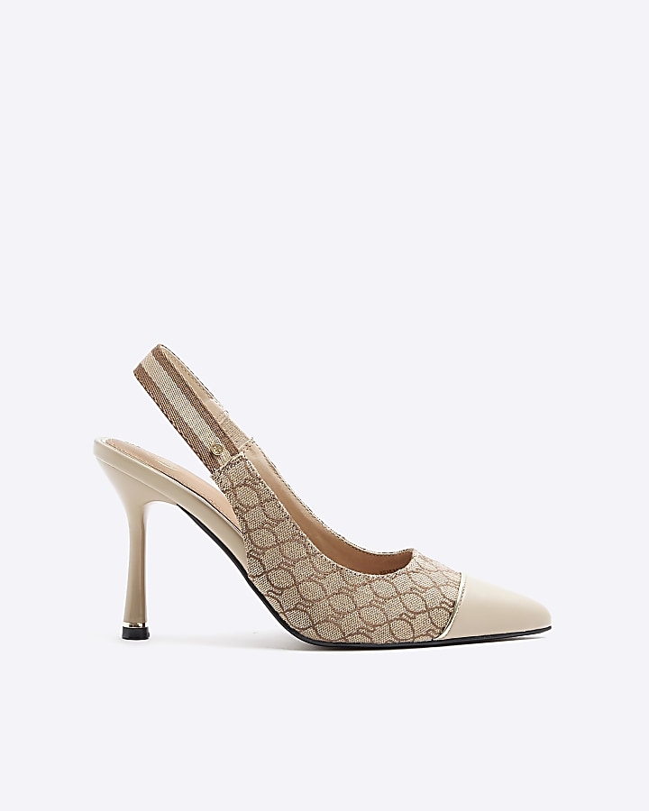 Beige wide fit monogram heeled court shoes