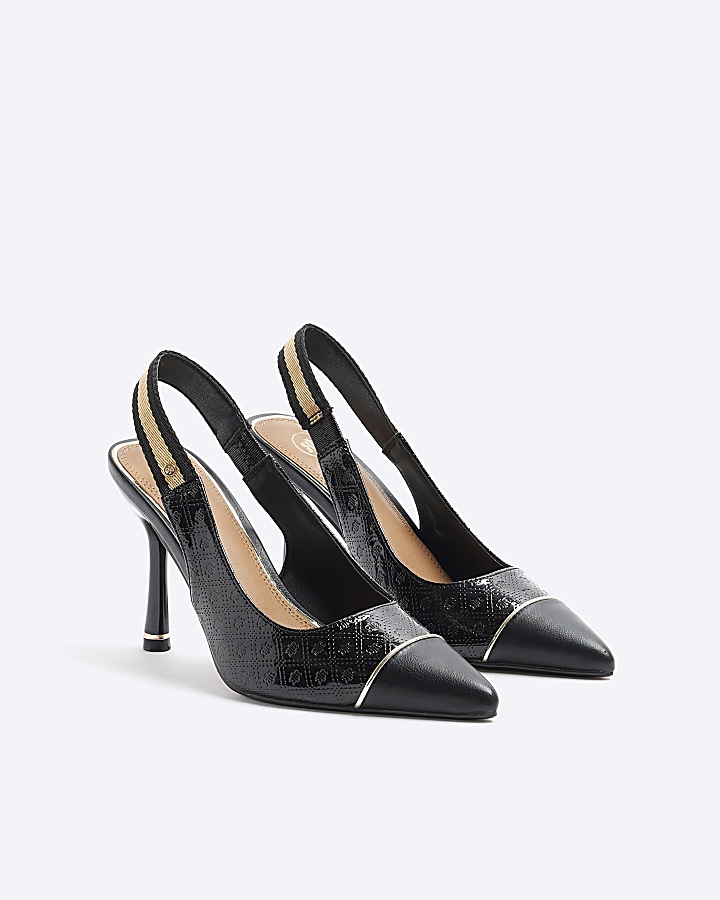 Black wide fit embossed heeled court shoes