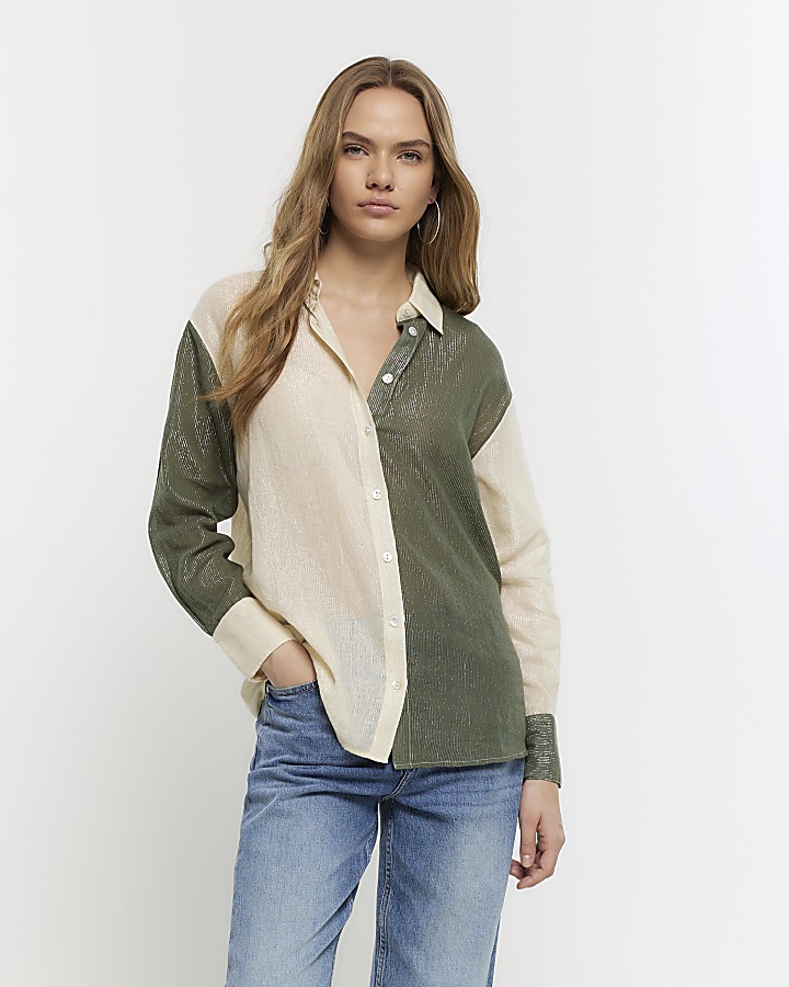 Khaki colour block glitter shirt