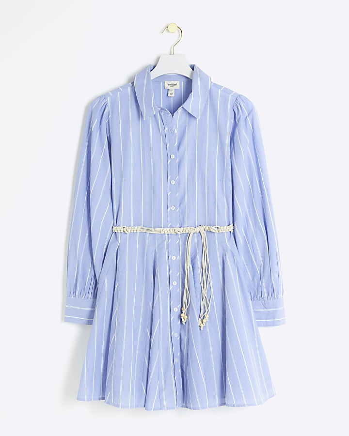 Blue stripe belted mini shirt dress