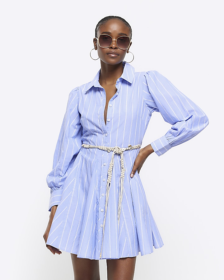 WOERA striped mini shirt dress - Blue