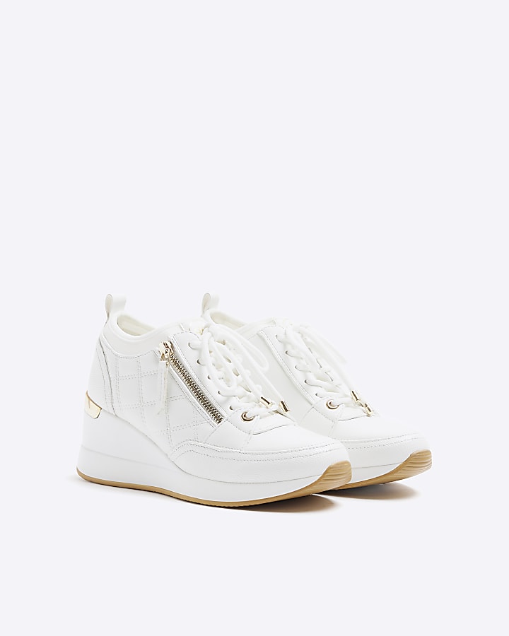 Wide Fit White Quilted Zip Wedge Trainer