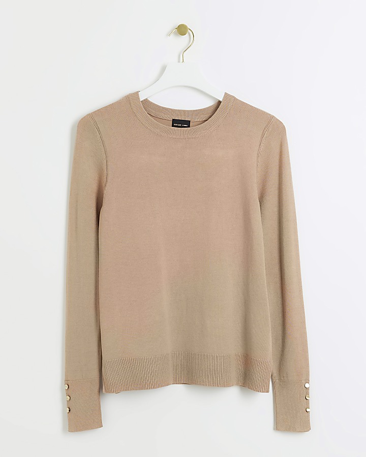 Beige knitted long sleeve top | River Island