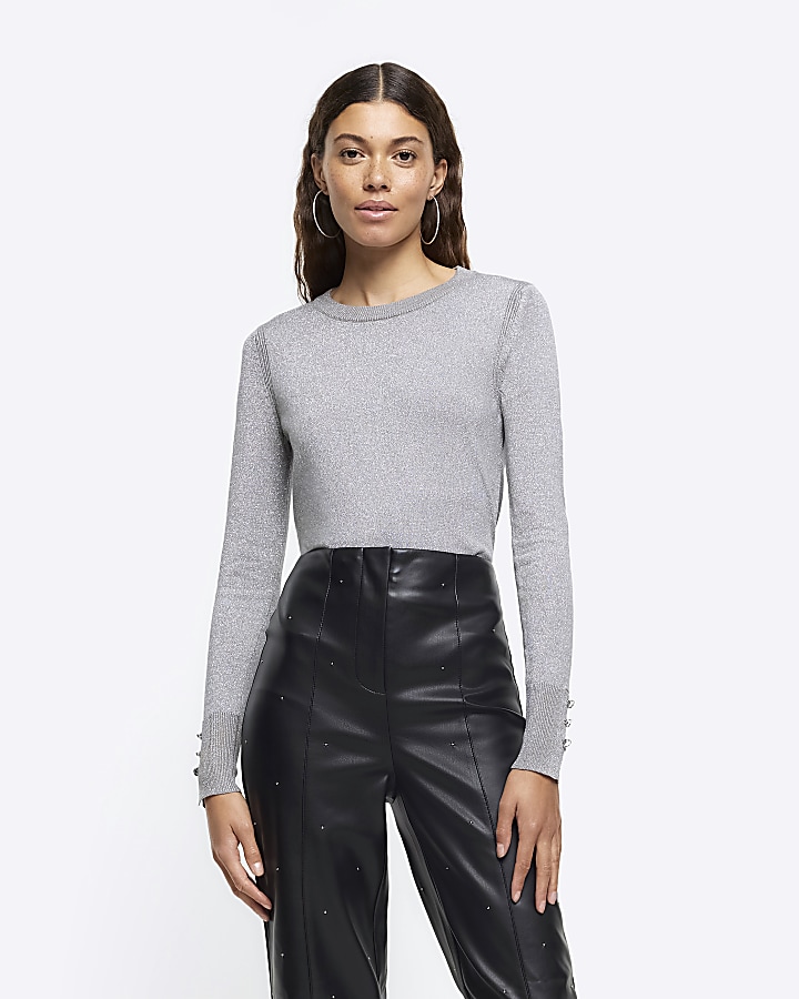 Silver knitted long sleeve top