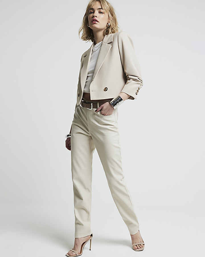Stone faux leather straight leg trousers