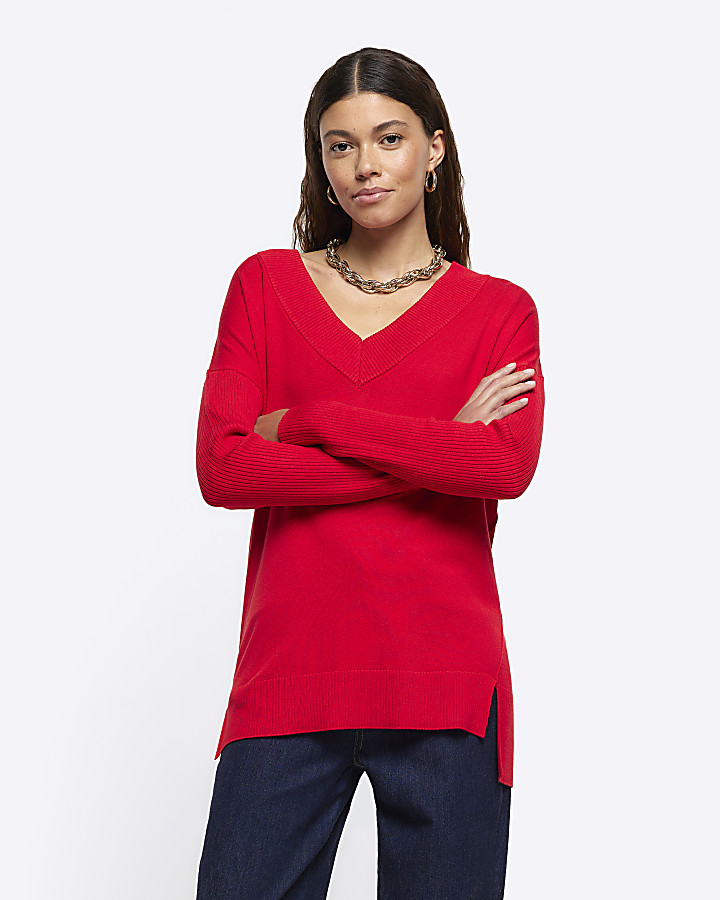 Red V neck fine knit jumper