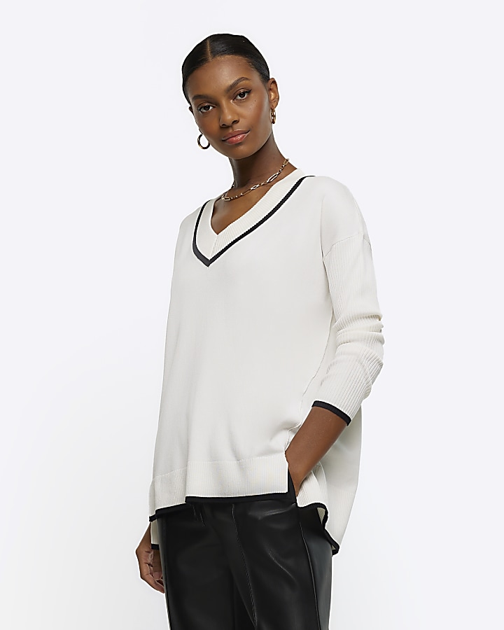 Cream fine knit jumper | River Island