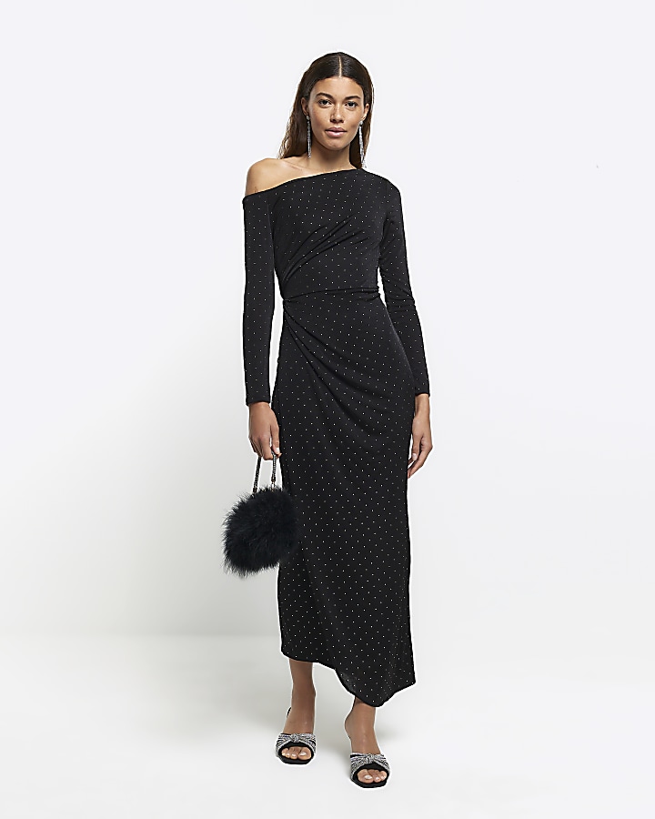 Black diamante wrap bodycon maxi dress | River Island