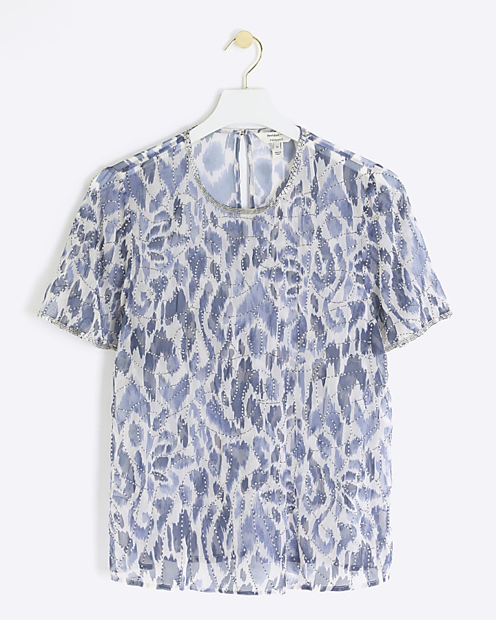 Blue abstract embellished t-shirt