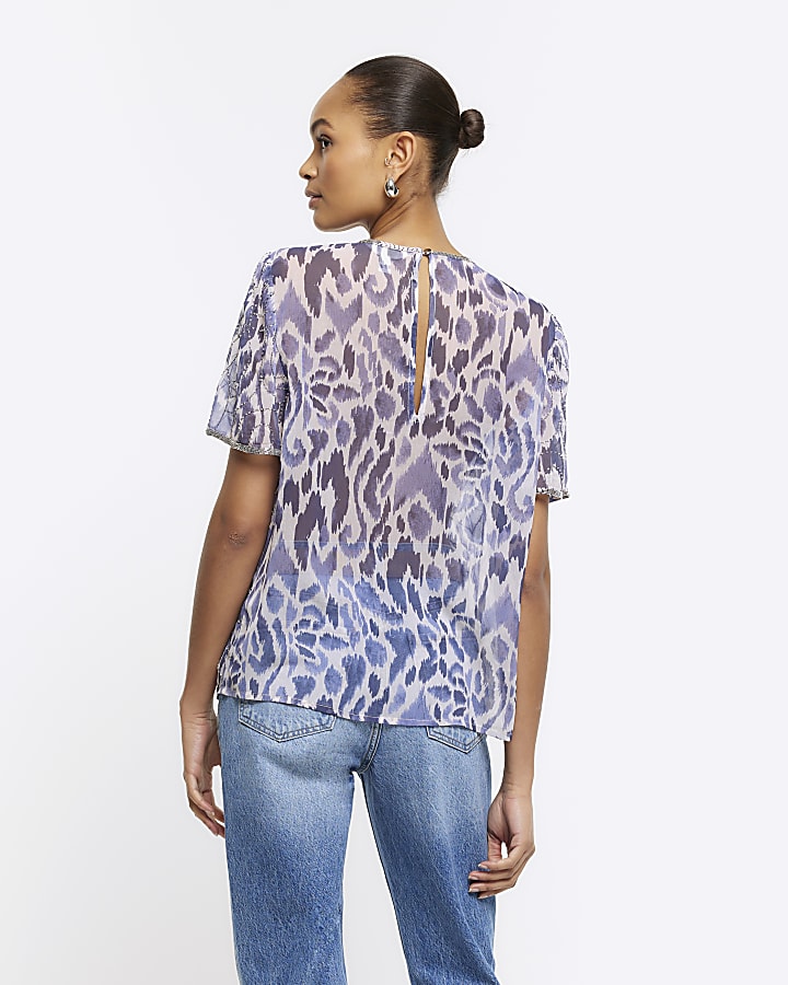 Blue abstract embellished t-shirt
