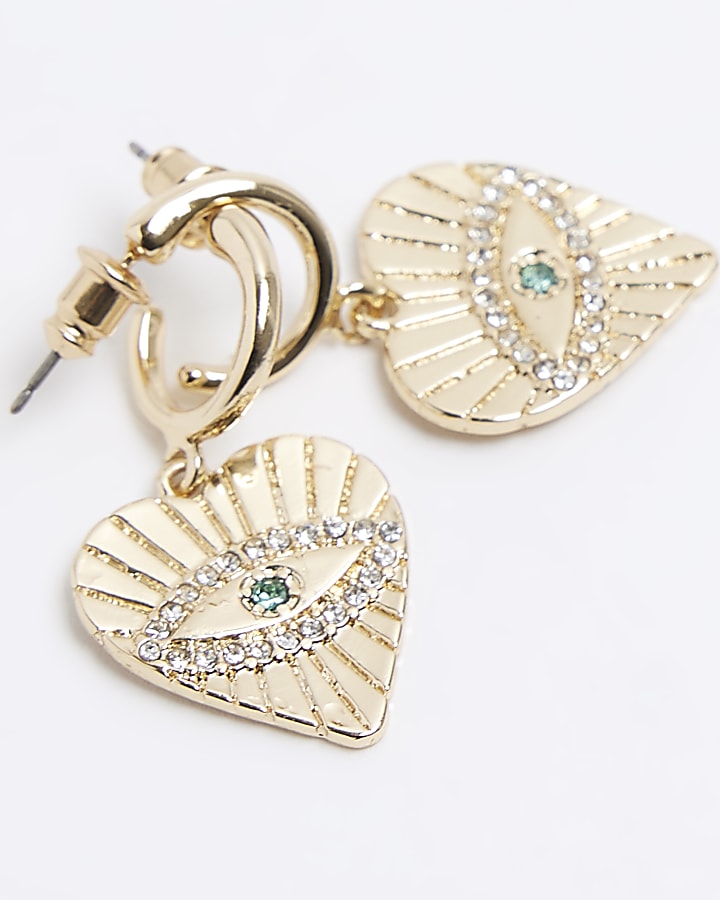 Gold heart diamante eye hoop earrings