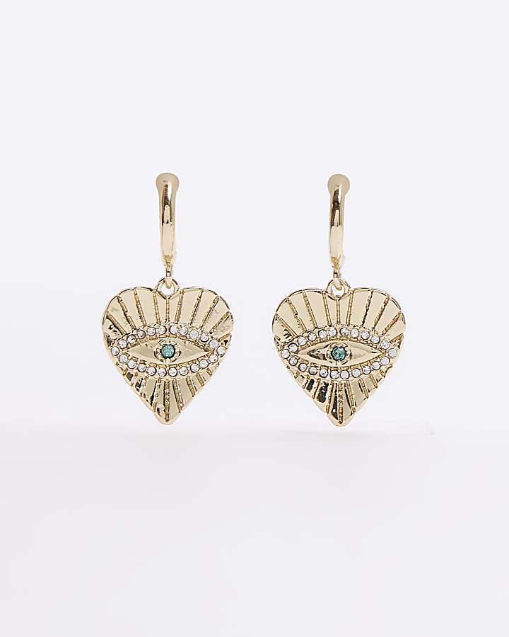 Gold heart diamante eye hoop earrings
