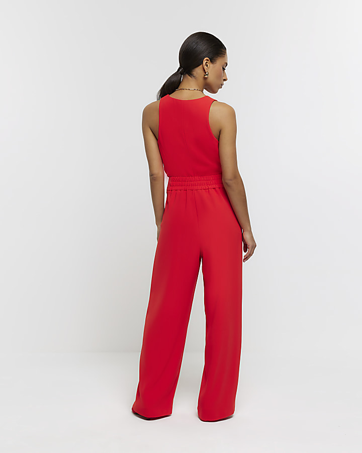 Petite red pleated wide leg trousers