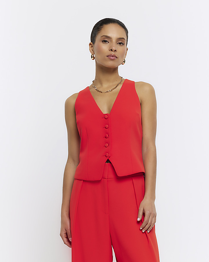 Petite red button front waistcoat | River Island