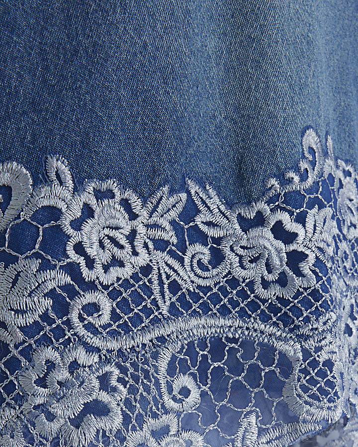 Blue lace hem crop denim shirt