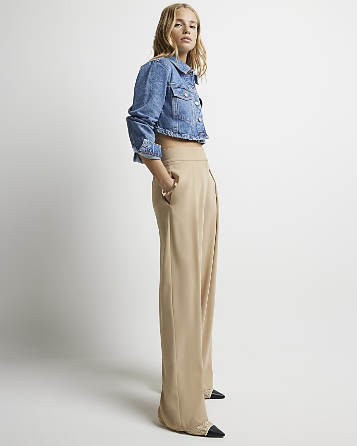 Beige High Waisted Regular Fit Pants Front