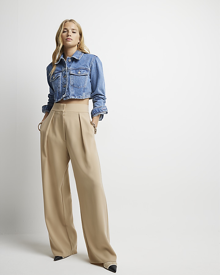 Beige high waisted wide leg trousers