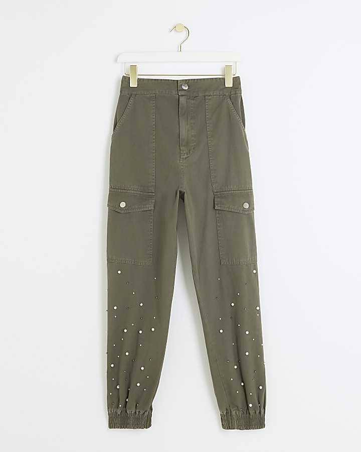 Khaki embellished cuffed cargo trousers