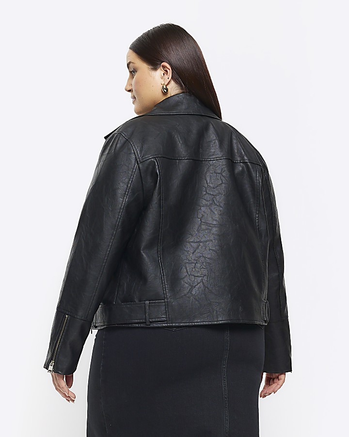 Plus black faux leather biker jacket | River Island