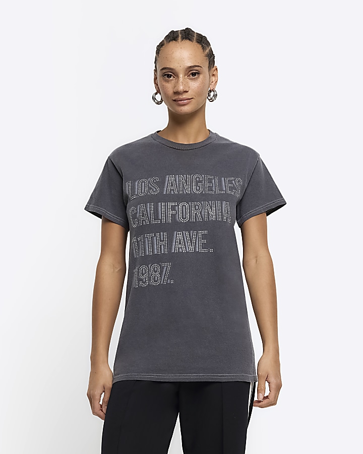 Grey diamante graphic t-shirt