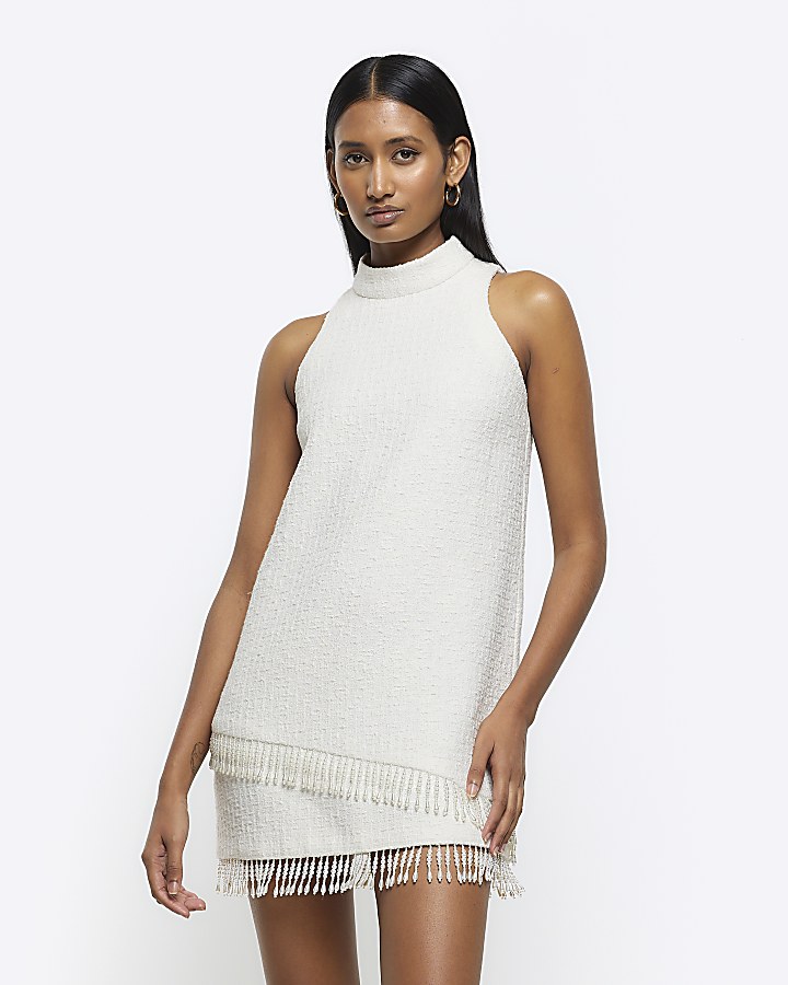 Cream boucle pearl trim shift mini dress