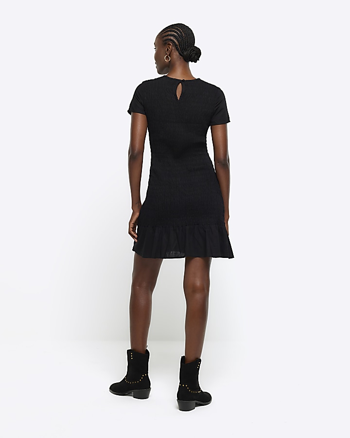 Black shirred peplum t-shirt mini dress