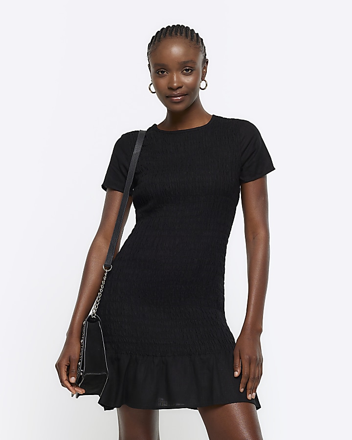 Black shirred peplum t-shirt mini dress