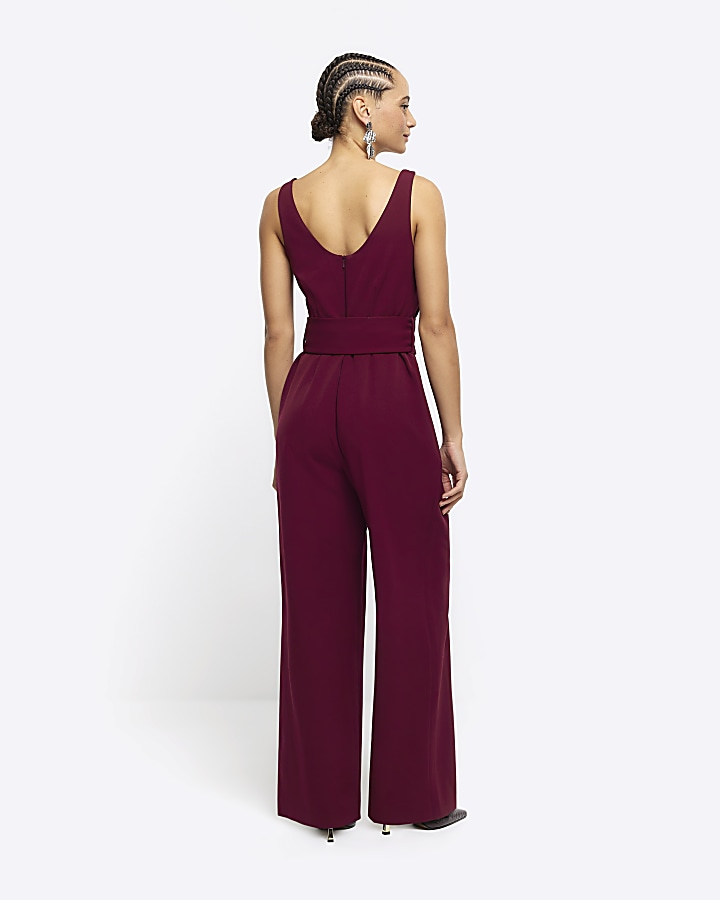 Red belted wide leg jumpsuit