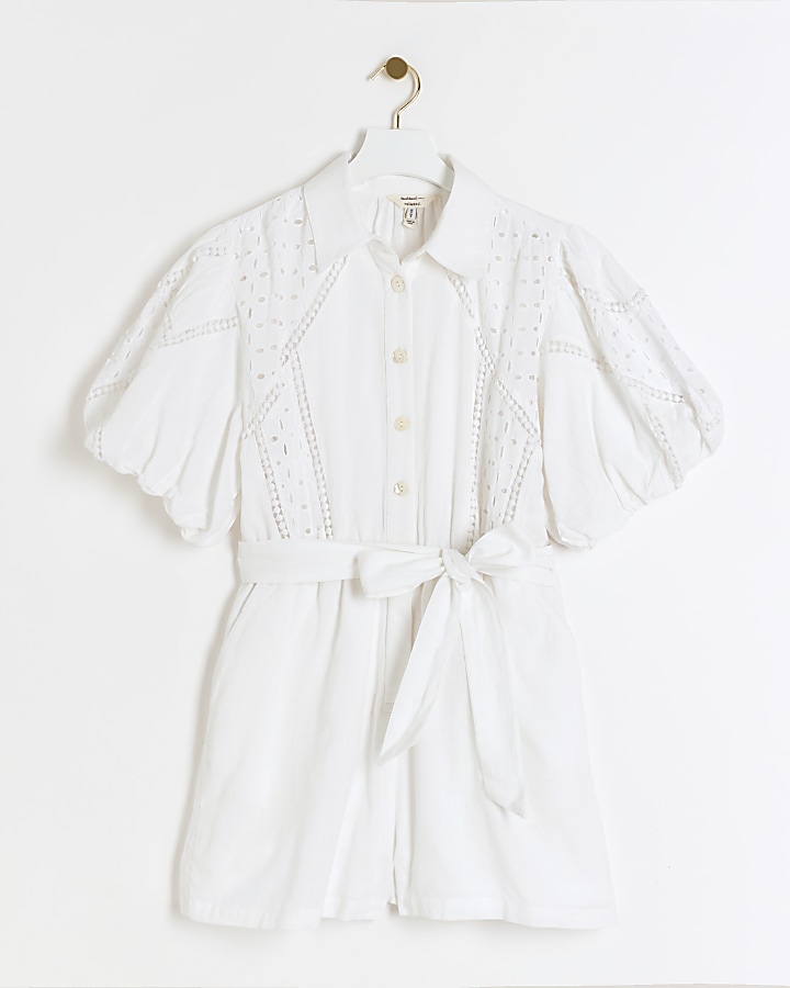 White broderie belted playsuit