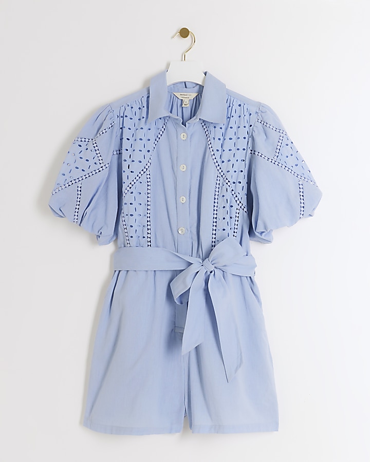Blue broderie belted playsuit
